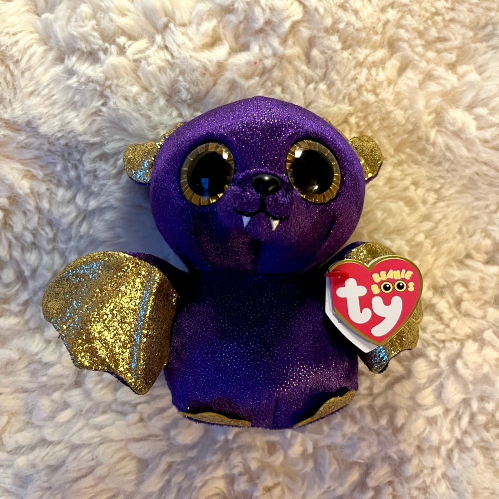 Ty Beanie Boos “Count” Sparkly Purple Bat with Gold Wings - Picture 2 of 8